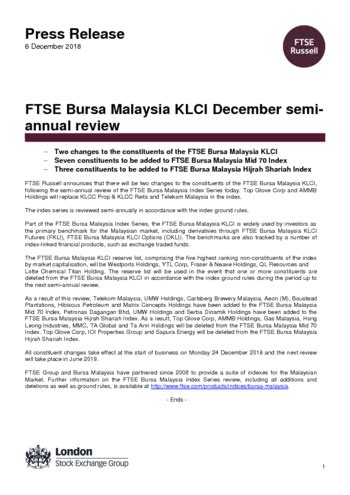 We were upgrading our data sources and have updated the latest index including breaking down to the top 30 & mid 70. FTSE Bursa Malaysia KLCI December semi-annual review ...