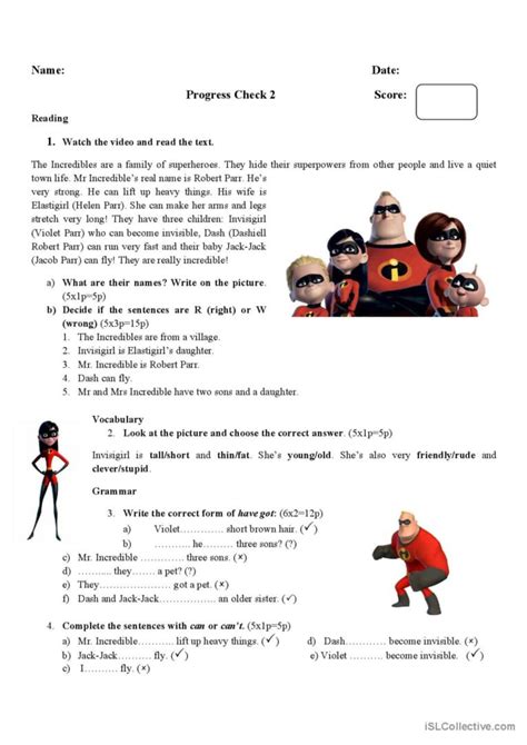 The Incredibles Progress Check Readi English Esl Worksheets Pdf And Doc