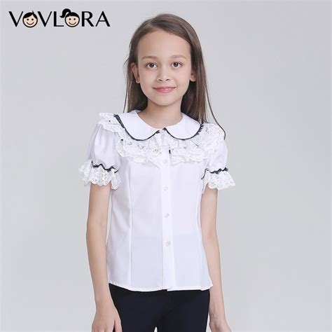 Ruffle Lace White Girls School Blouses Woven Button Short Sleeve Blouse