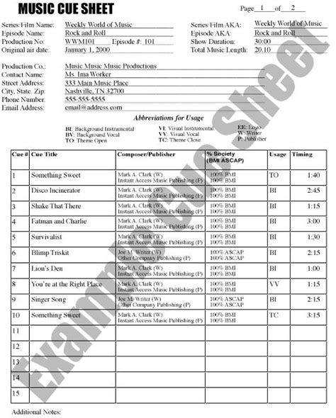 Cue sheet — pp a list of music used in a production for the purposes of. Iamusic.com: Submit Cue Sheet