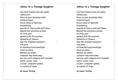 Advice To A Teenage Daughter Poem Lesson Teaching Resources