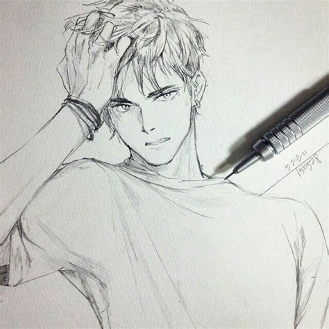 Continue to draw out his hairstyle which is long, but not too long. Pin by きみや on Inspiration | Guy drawing, Anime drawings ...