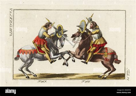Two Knights In Armor On Horseback Fighting A Duel With Swords In A