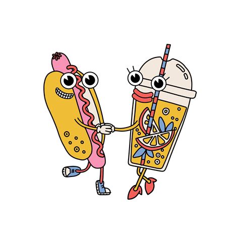 Cartoon Retro Hot Dog And Lemonade Drink In Plastic Cup Characters