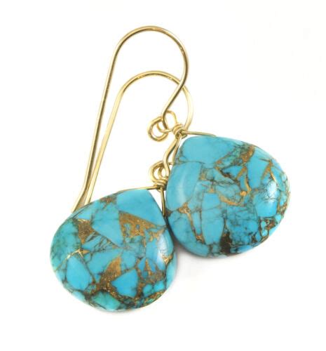 K Solid Gold Copper Blue Turquoise Earrings Teardrops Mosaic Sterling