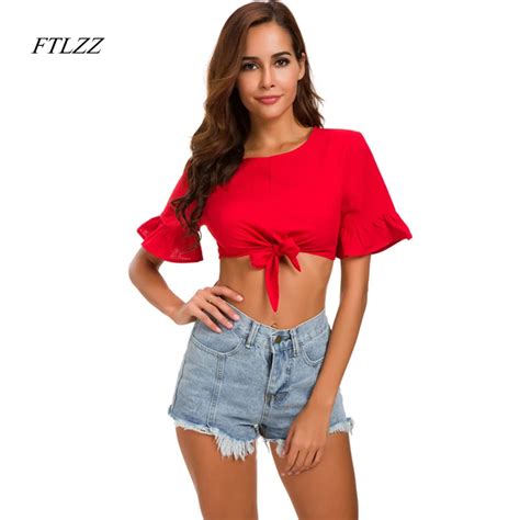 Ftlzz 2018 Sexy Summer Navel Exposed Short T Shirt Women Red Flare Sleeve Bow T Shirt In T