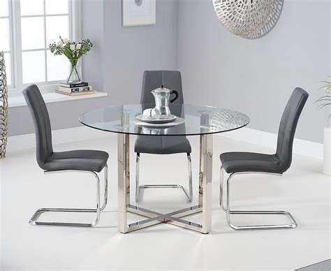 Round Glass Chrome Dining Table And 4 Grey Chairs Homegenies