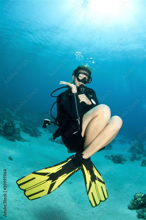 Sexy Scuba Diver Poses Underwater Stock Photo Adobe Stock