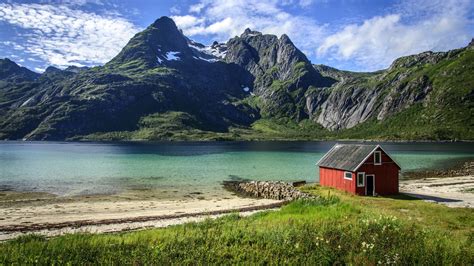 Download 1920x1080 Norway Lofoten Islands Lake Mountain Shed