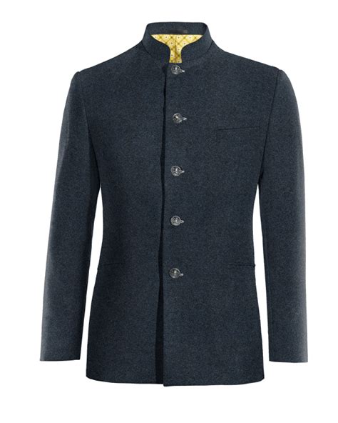 Navy Blue Tweed Nehru Suit Jacket With Customized Threads Hockerty
