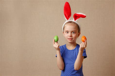 Cute Smiling Little Girl With Colorful Easter Eggs Happy Easter Stock