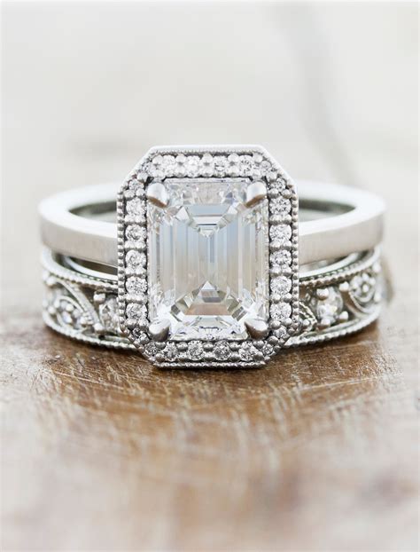 Acacia: Vintage Inspired Halo Emerald Diamond Engagement Ring | Ken & Dana