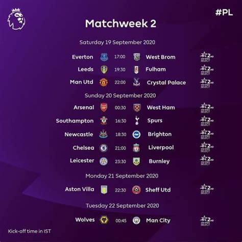 Epl English Premier League Matchweek 2 Schedule In India