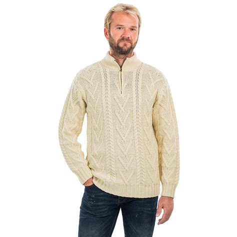 Irish Sweater Merino Wool Aran Knit Zip Neck Fisherman Mens Sweater