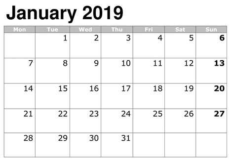 January 2019 Calendar Printable Calendar Printables 2019 Calendar