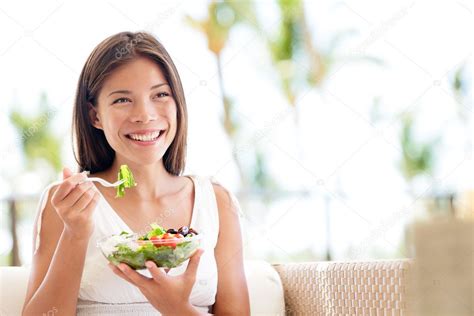 Healthy Lifestyle Woman Eating Salad Smiling Happy Stock Photo By