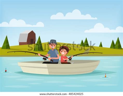Pesca En El Lago Padre E Hijo Van A Pescar Mientras Están Sentados En