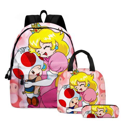 Princess Peach Backpack Set 3pc Front Zipper On The Bookbag