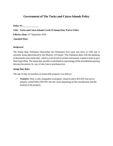 Government of The Turks and Caicos Islands Stamp Duty Waiver Policy by