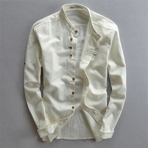 2016 Spring Mandarin Collar Full Sleeves Cotton Linen Shirt Men White