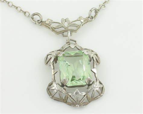 Vintage Uranium Glass Sterling Silver Edwardian Lavaliere Necklace