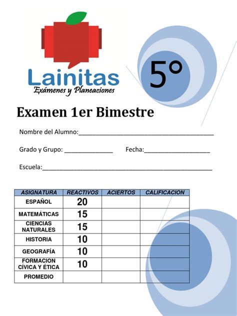 Examen Primer Trimestre Quinto Grado Lainitas Theneave