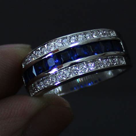 Mens Blue Sapphire 10kt White Gold Filled Wedding Band Ring In Rings