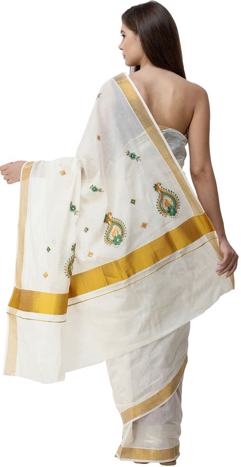 Cream Kasavu Sari From Kerala With Embroidered Motifs And Golden Border Exotic India Art