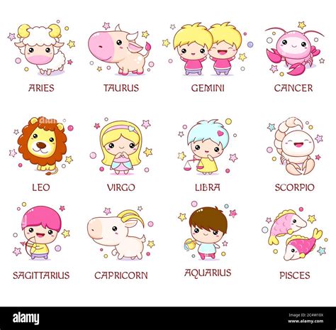 Set Of Zodiac Sign Characters In Kawaii Style Cute Chibi Baby And