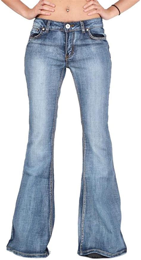 Glamour Outfitters 70s Style Faded Bell Bottom Wide Flared Jeans Blue