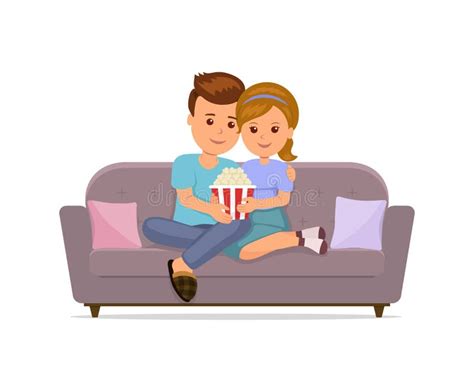 Couple Sitting On Sofa Cuddling Eating Popcorn And Watching Tv Stock
