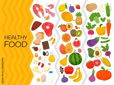 Vector Set Of Healthy Food Balanced Diet Cartoon Images Of Fruits