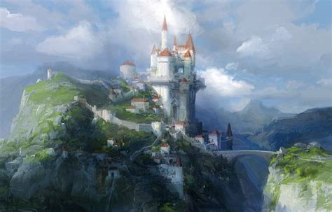 A Painting Of A Castle On Top Of A Mountain