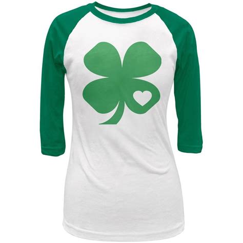 St Patricks Day Shamrock Heart White Green Juniors 3 4 Raglan T Shirt