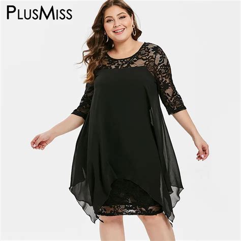 Plusmiss Plus Size 5xl Floral Lace Sheer Mesh Black Chiffon Dress Xxxxl