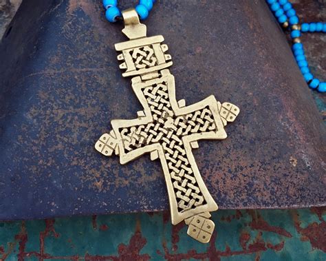 Vintage Brass Ethiopian Cross Pendant On Blue White Heart Trade Bead