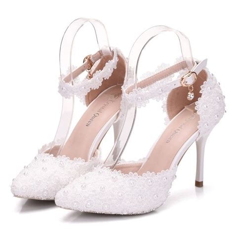 White Lace Wedding Shoes Women High Heels Thin Heels Pointed Toe
