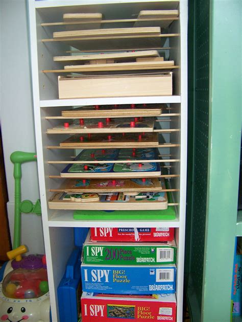 Puzzle Rack Out Of A Pre Fab Storage Shelf Add Small Dowels To The