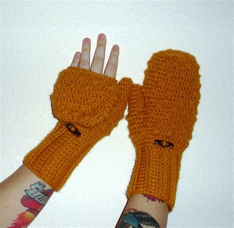 Convertible Crochet Fingerless Glove Mittens In Mustard Yellow Wool