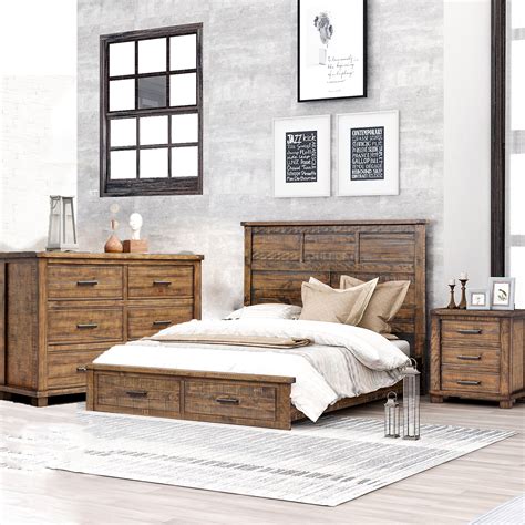 Rustic Reclaimed Solid Wood Framhouse 3 Pieces Storage Queen Bedroom