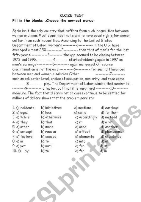 Cloze Test Exercises With Answers Pdf