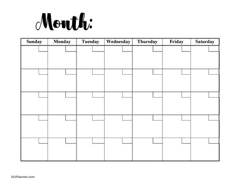Printable blank monthly calendar template