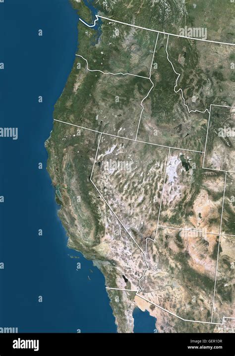 satellite view of the west coast of the united states with administrative boundaries this
