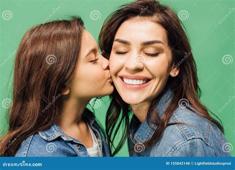 Adorable Daughter Kissing Happy Mother Cheek Isolated Stock Photo Image Of Family Kiss