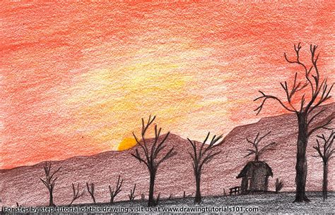 Sunset In Desert Colored Pencils Drawing Sunset In