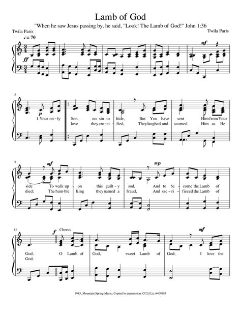 Lamb Of God Sheet Music For Piano Solo