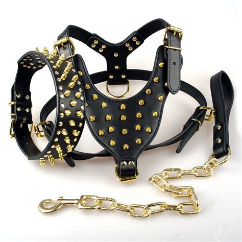 Spiked Studded Dog Collar And Lead And Harness Cool Rivet Soft Leather No