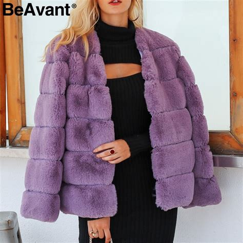 Beavant Elegant Short Faux Fur Coat Woemn Luxury Purple Fluffy Outwear