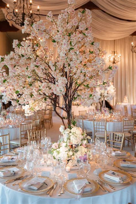 Wedding Centerpiece Tall Cherry Blossom Faux Tree With White Pink Flowers At Base Round