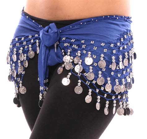 2 Sizes Chiffon Belly Dance Hip Scarf With Beads And Coins Royal Blue Silver